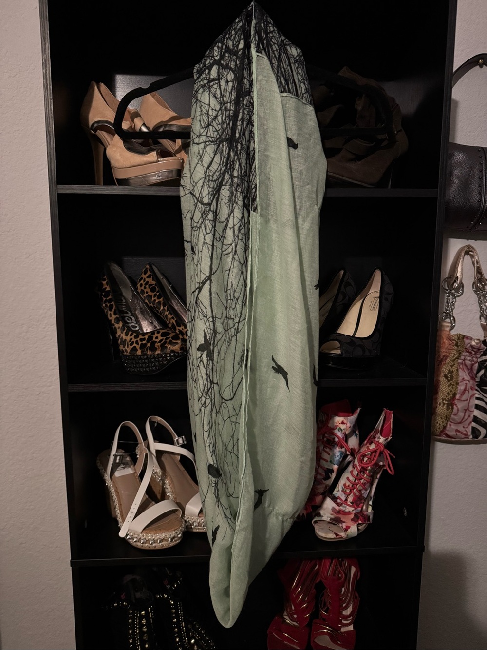 Light Green Bird & Branch Print Scarf - Unbranded
